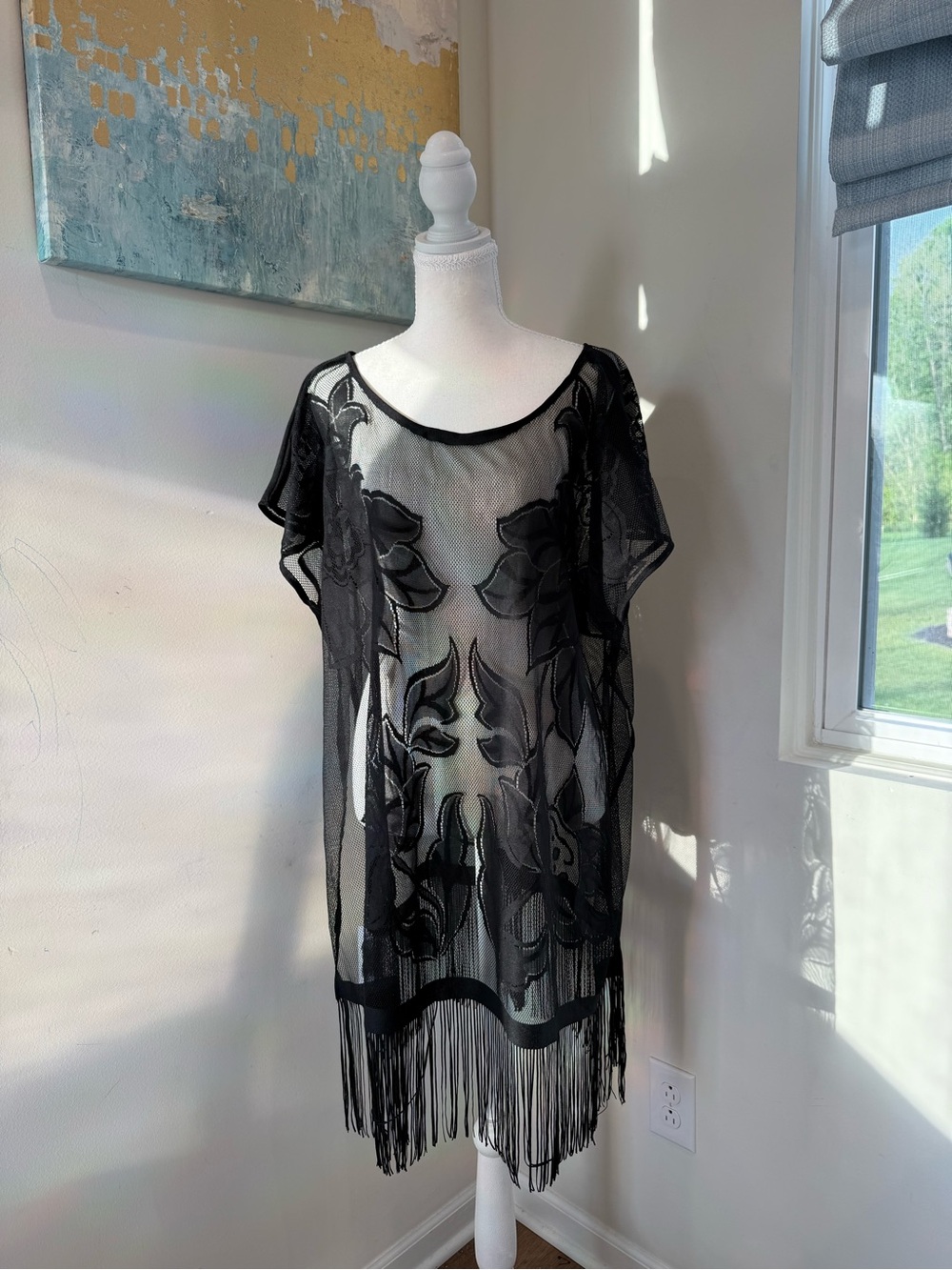 Black Sheer Fringe Swim Coverup - Elegant Beach Tunic OS